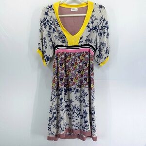 Dries Van Noten Vintage Mixed Floral Print Silk Dress V-Neck Knit Trim Medium